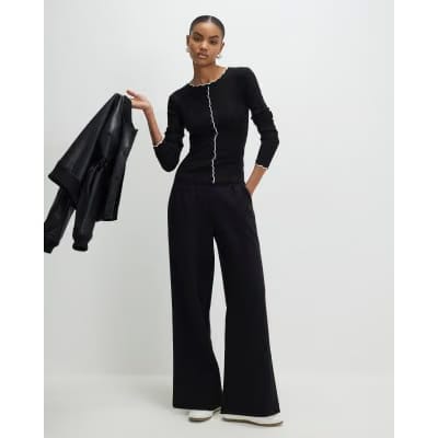 Black Long Sleeve Scallop Trim Button Top