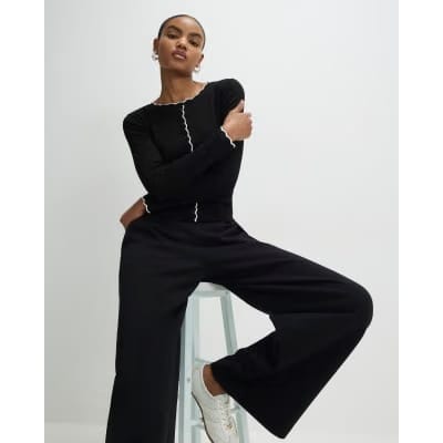 Black Long Sleeve Scallop Trim Button Top