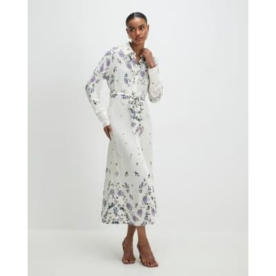 White Floral Midi Shirt Dress