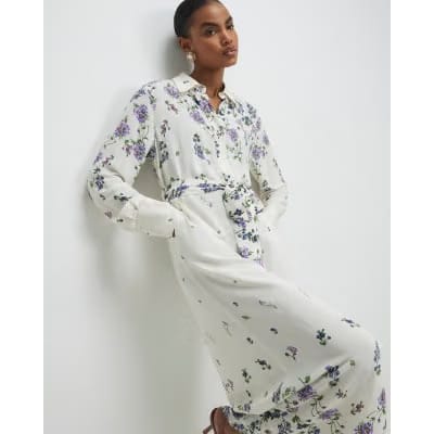 White Floral Midi Shirt Dress