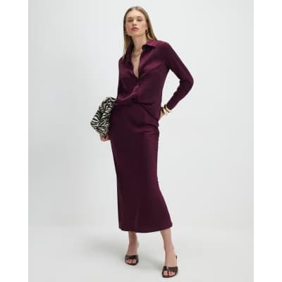 Red Satin Midi Skirt