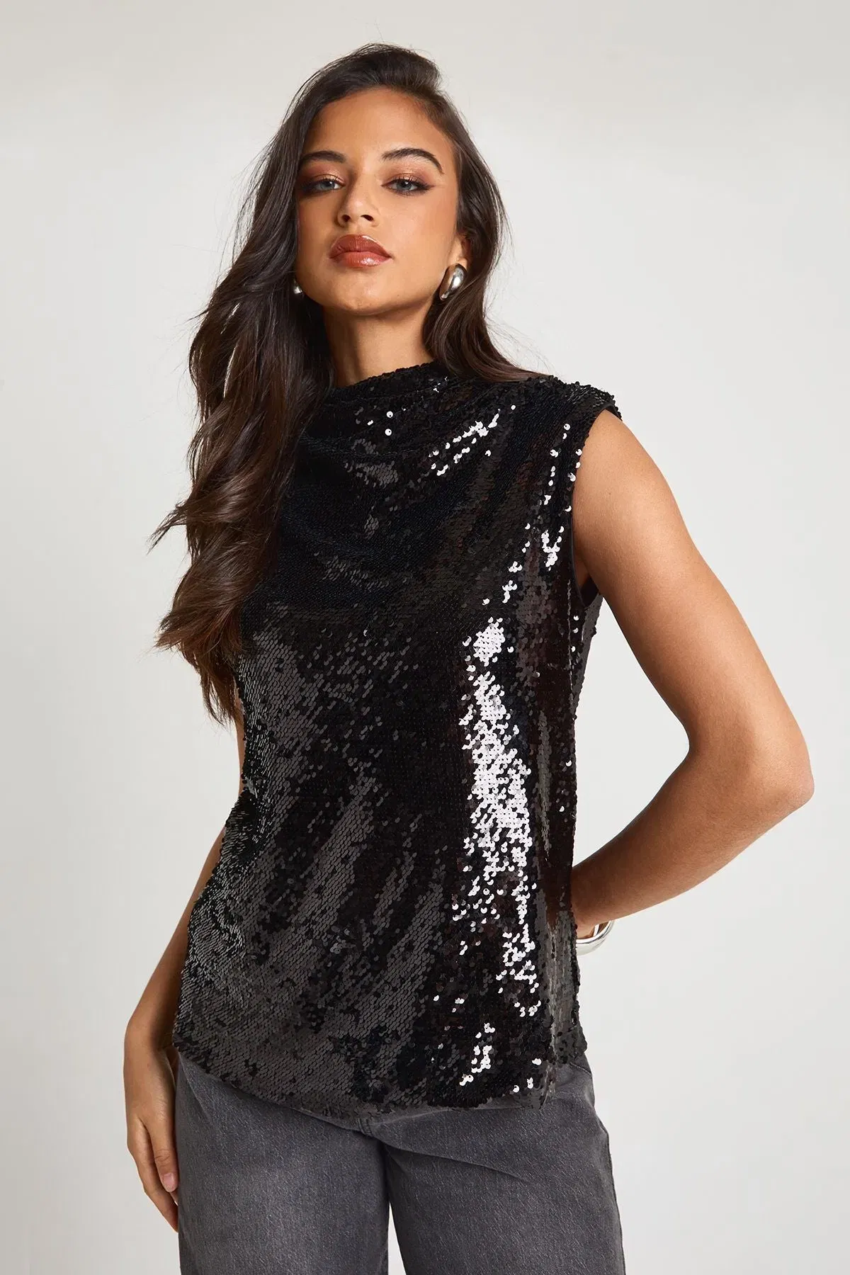 Sequin High Neck Ruched Top