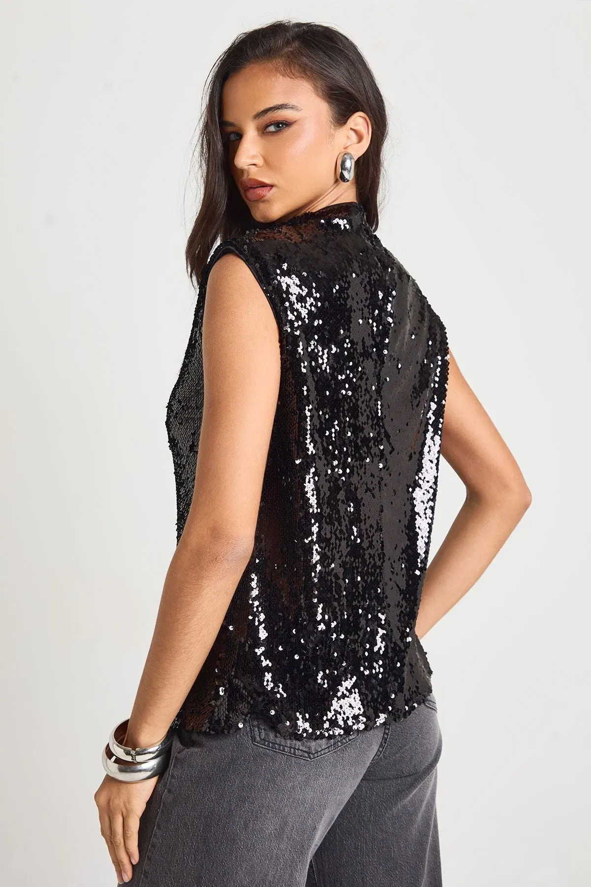 Sequin High Neck Ruched Top