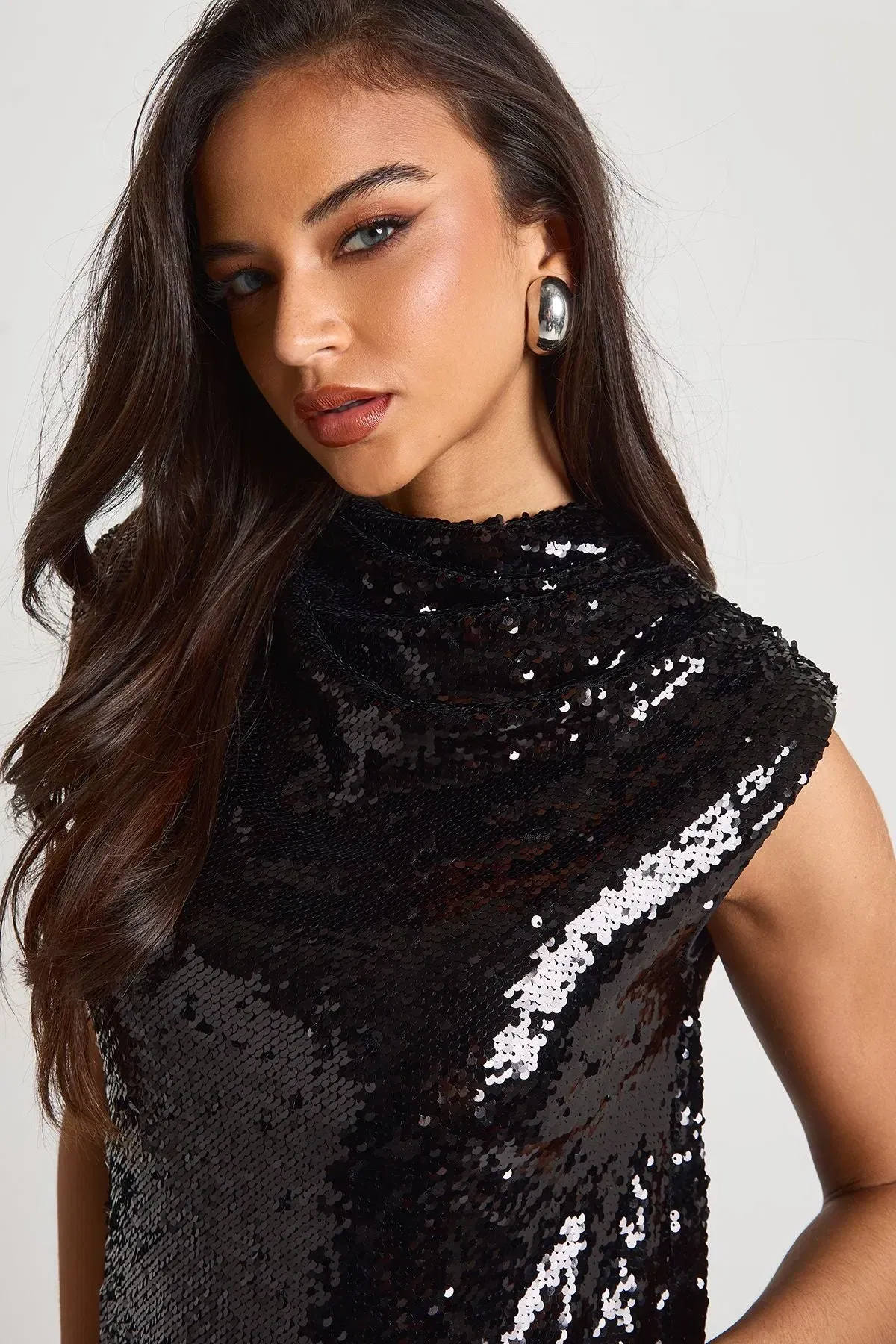 Sequin High Neck Ruched Top