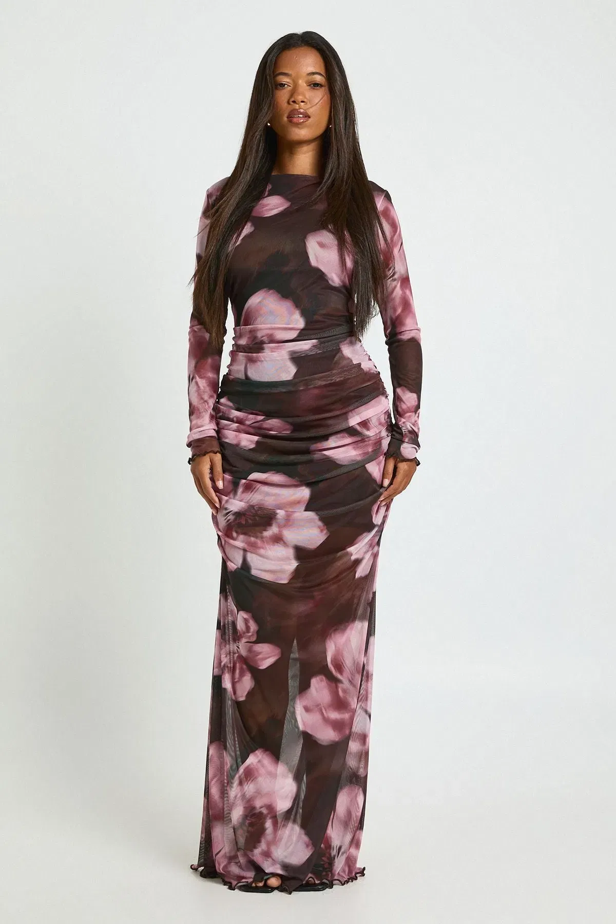 Floral Ruched Mesh Maxi Dress
