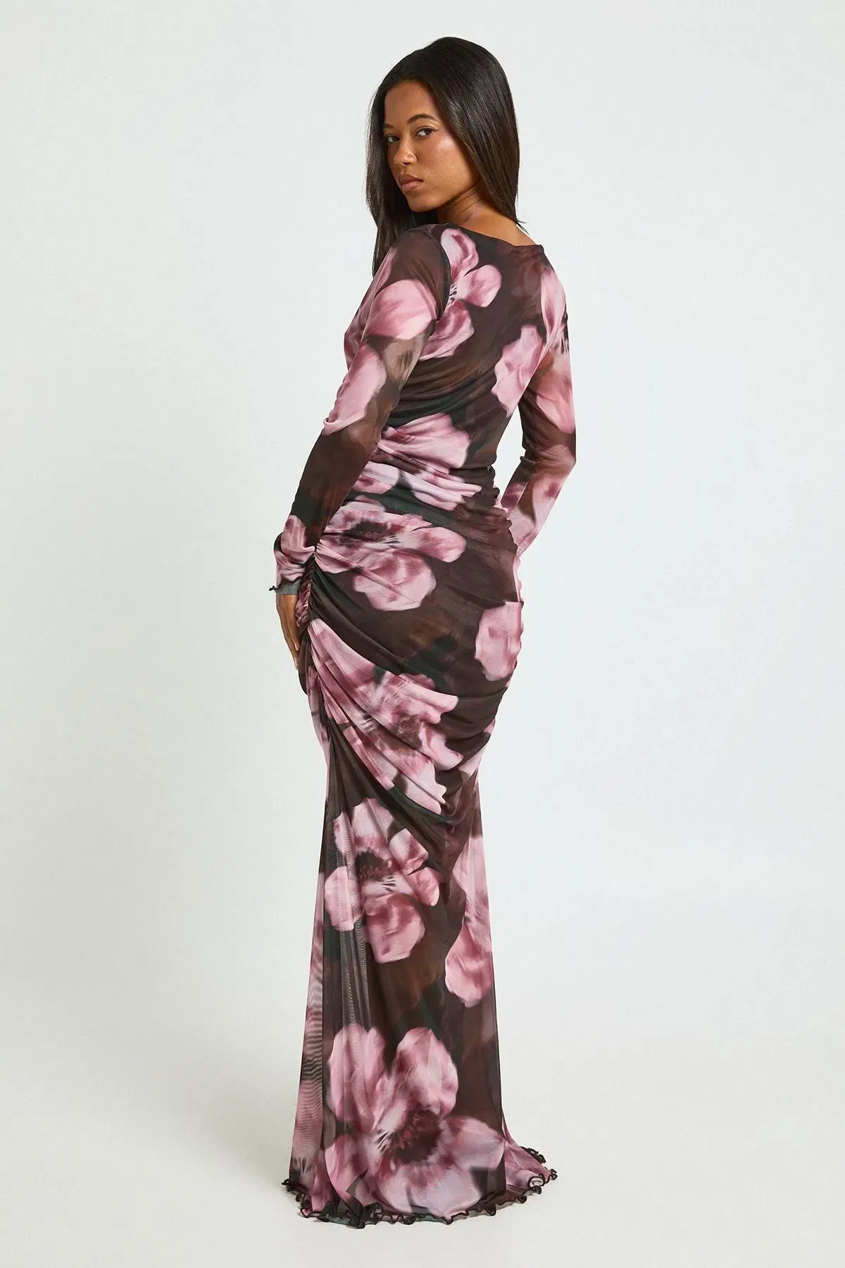 Floral Ruched Mesh Maxi Dress