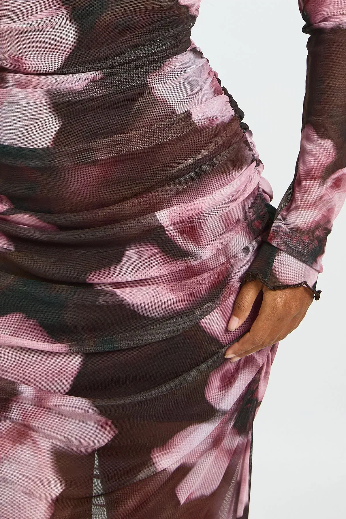 Floral Ruched Mesh Maxi Dress