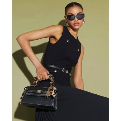 Black Belted Pleat Hem Midi Dress