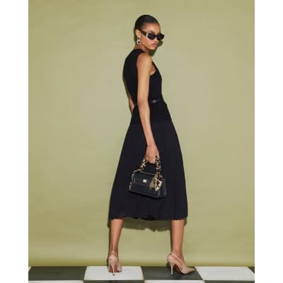 Black Belted Pleat Hem Midi Dress