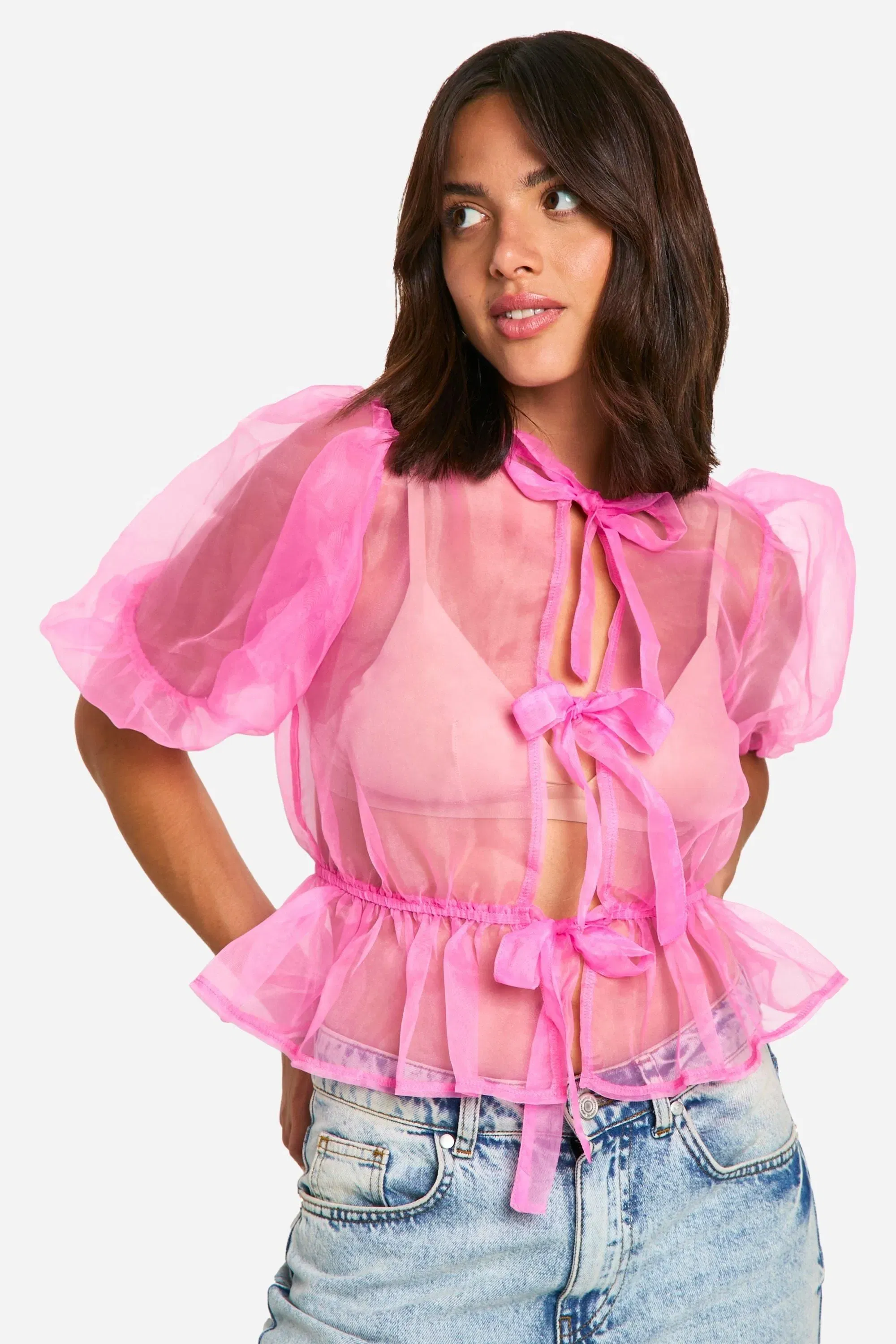 Organza Tie Front Puff Sleeve Top