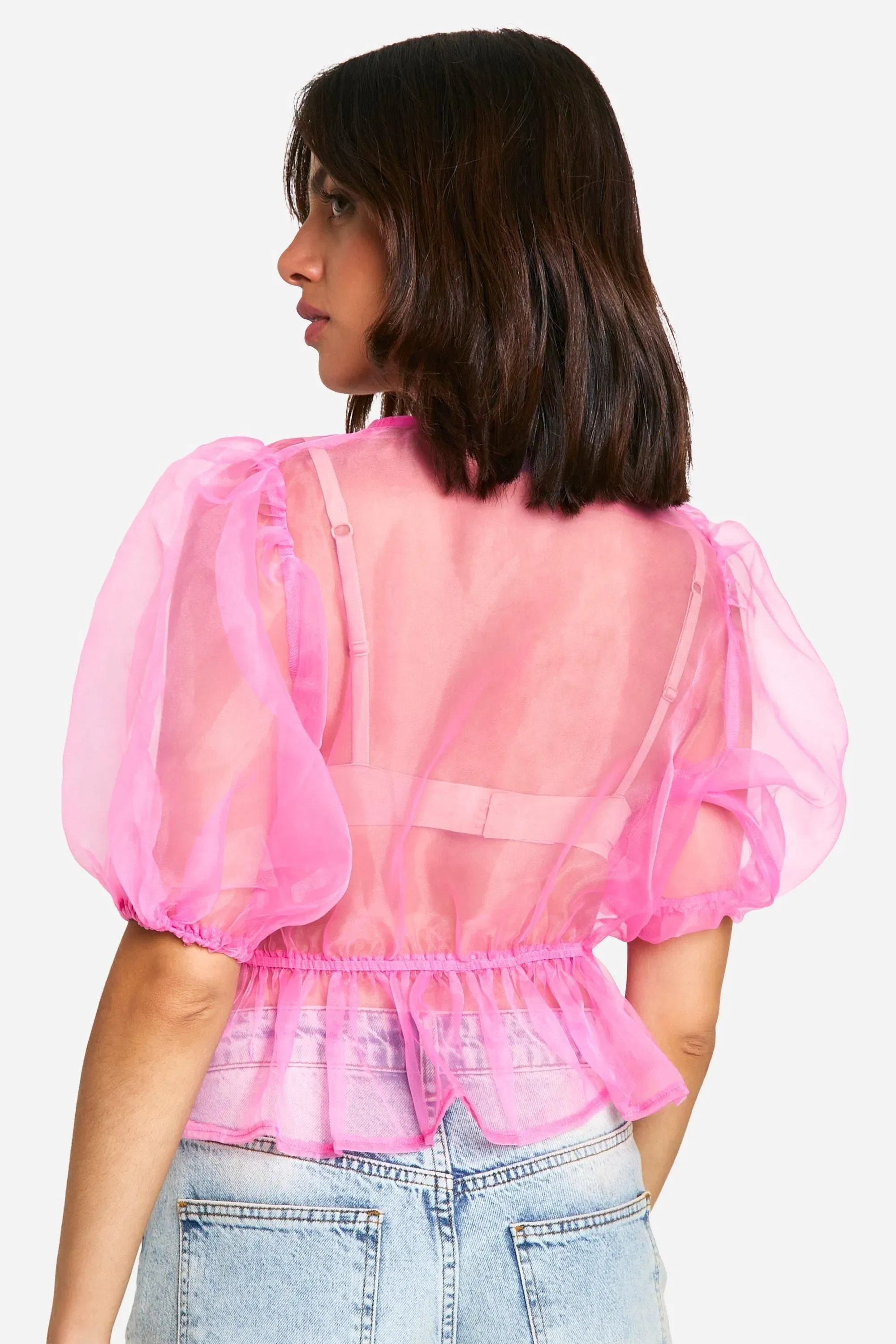 Organza Tie Front Puff Sleeve Top