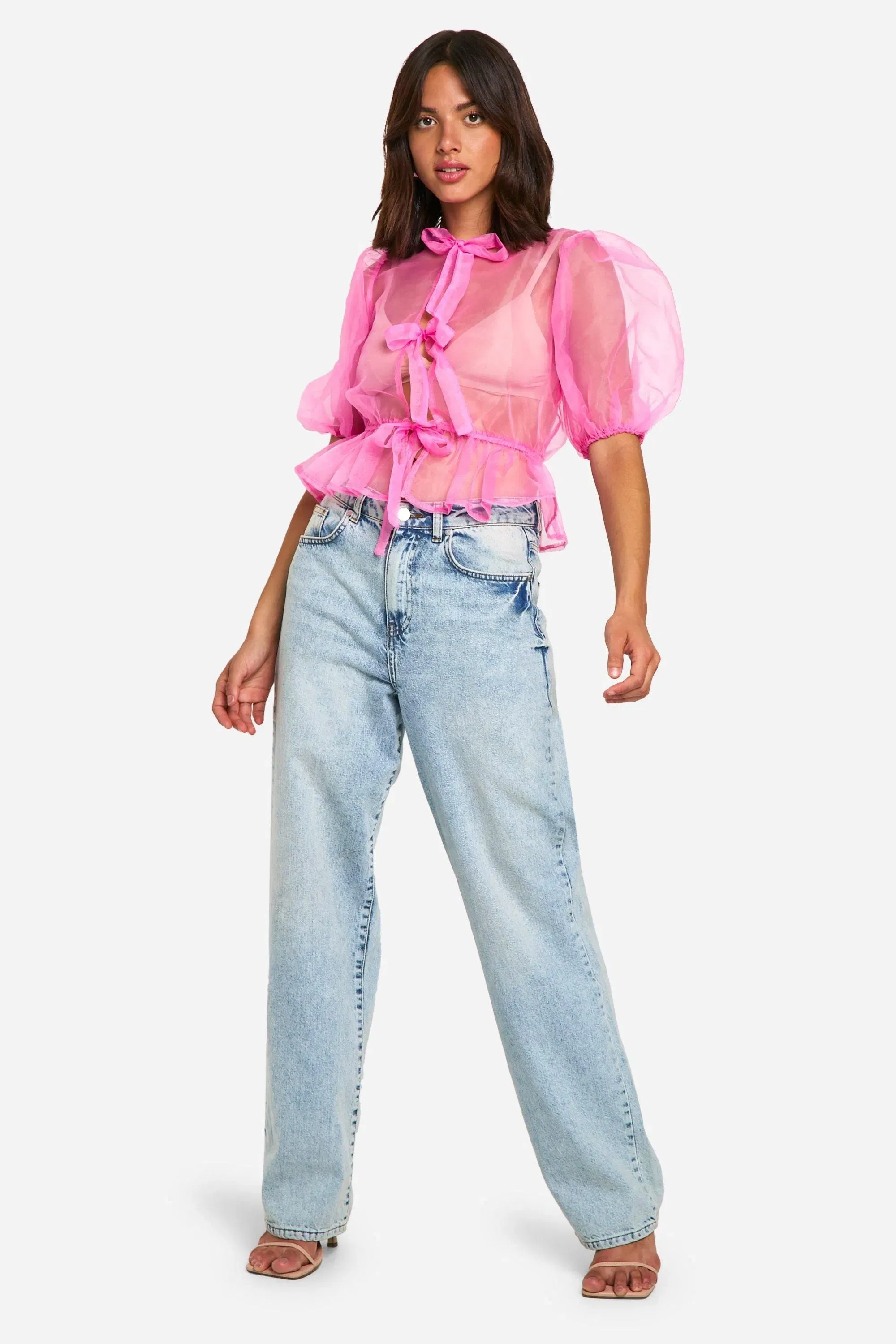 Organza Tie Front Puff Sleeve Top
