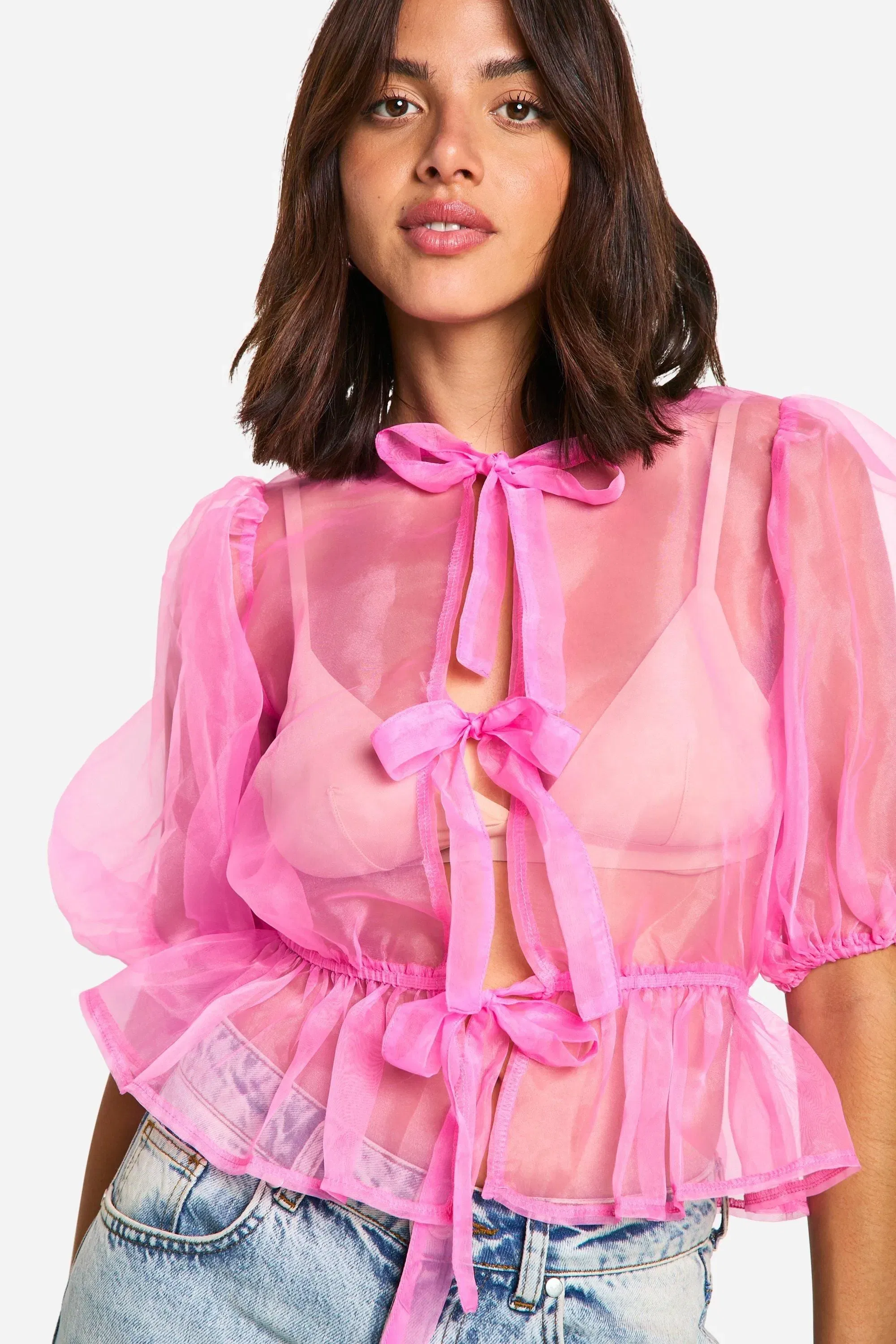 Organza Tie Front Puff Sleeve Top