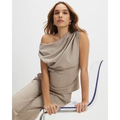 Beige Stretch Sleeveless Striped Drape Top