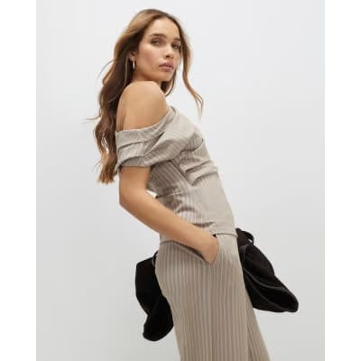 Beige Stretch Sleeveless Striped Drape Top