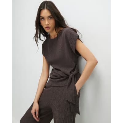 Brown Short Sleeve Textured Twist Front Top
