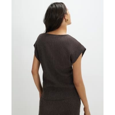 Brown Short Sleeve Textured Twist Front Top