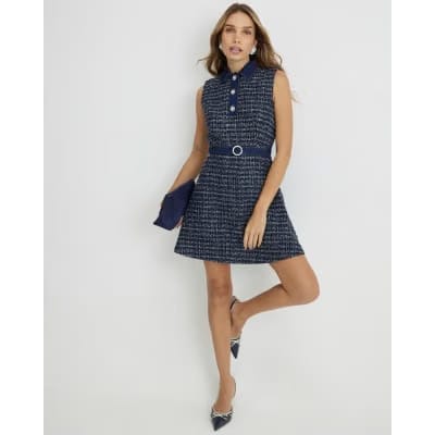 Blue Boucle Belted Mini Dress