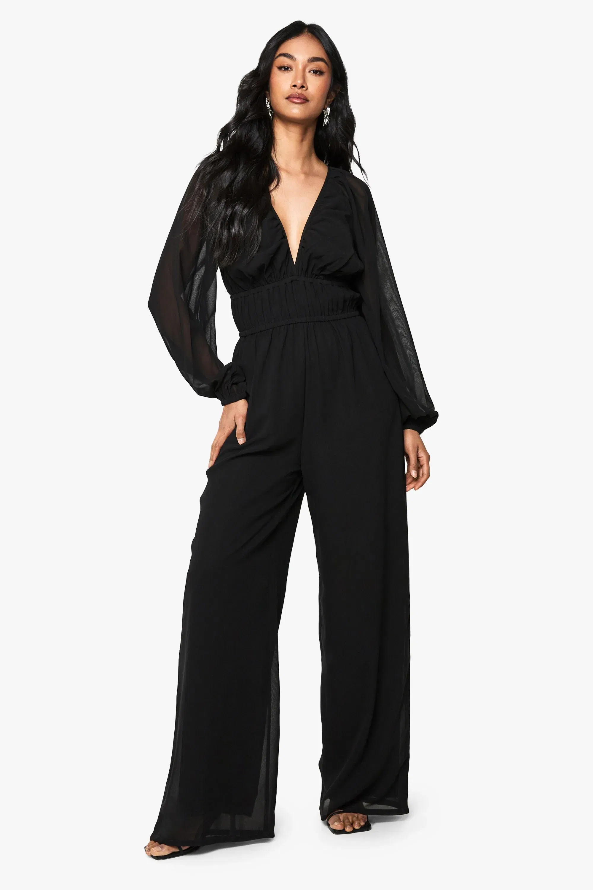 Chiffon V Neck Ruched Wide Leg Jumpsuit