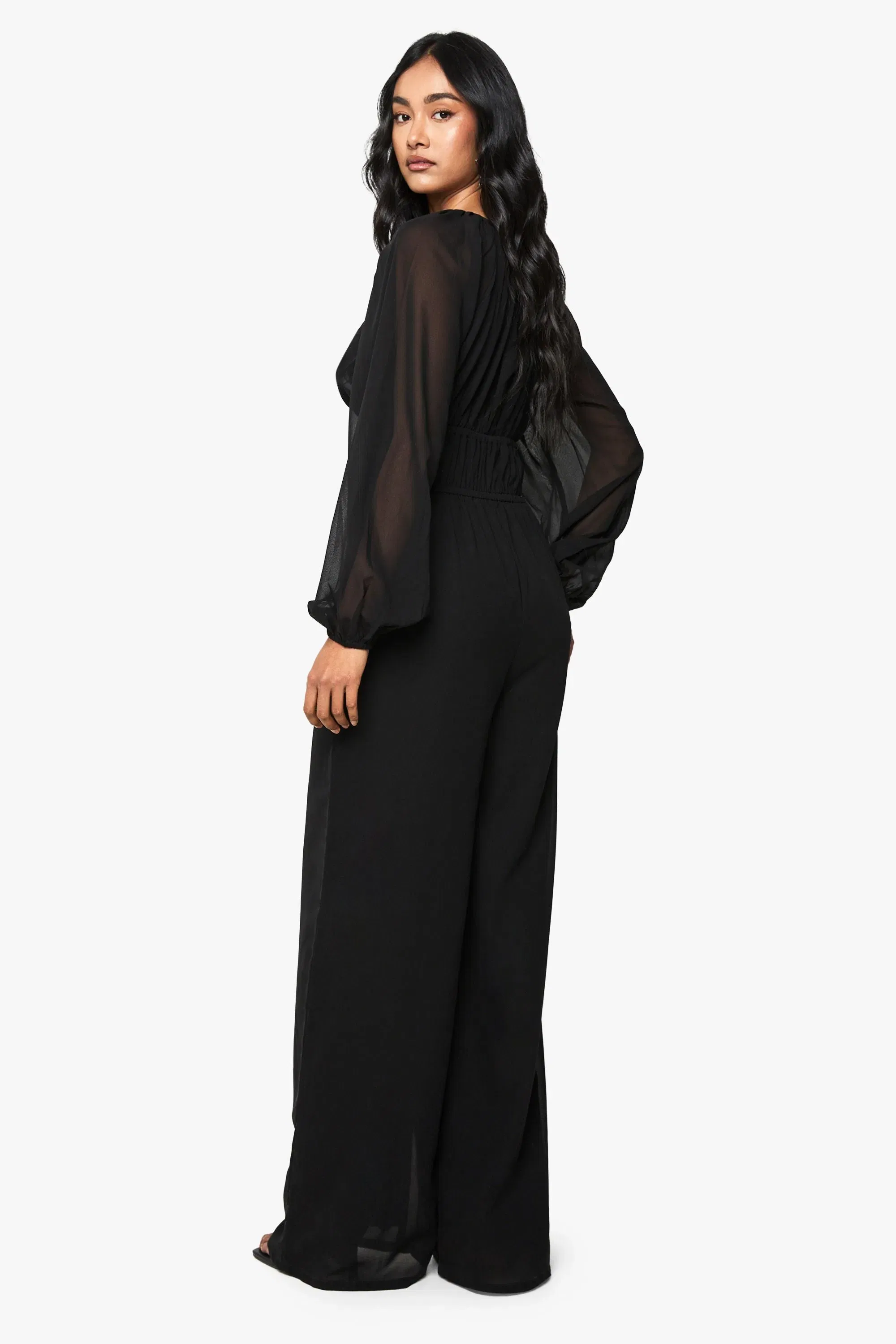 Chiffon V Neck Ruched Wide Leg Jumpsuit