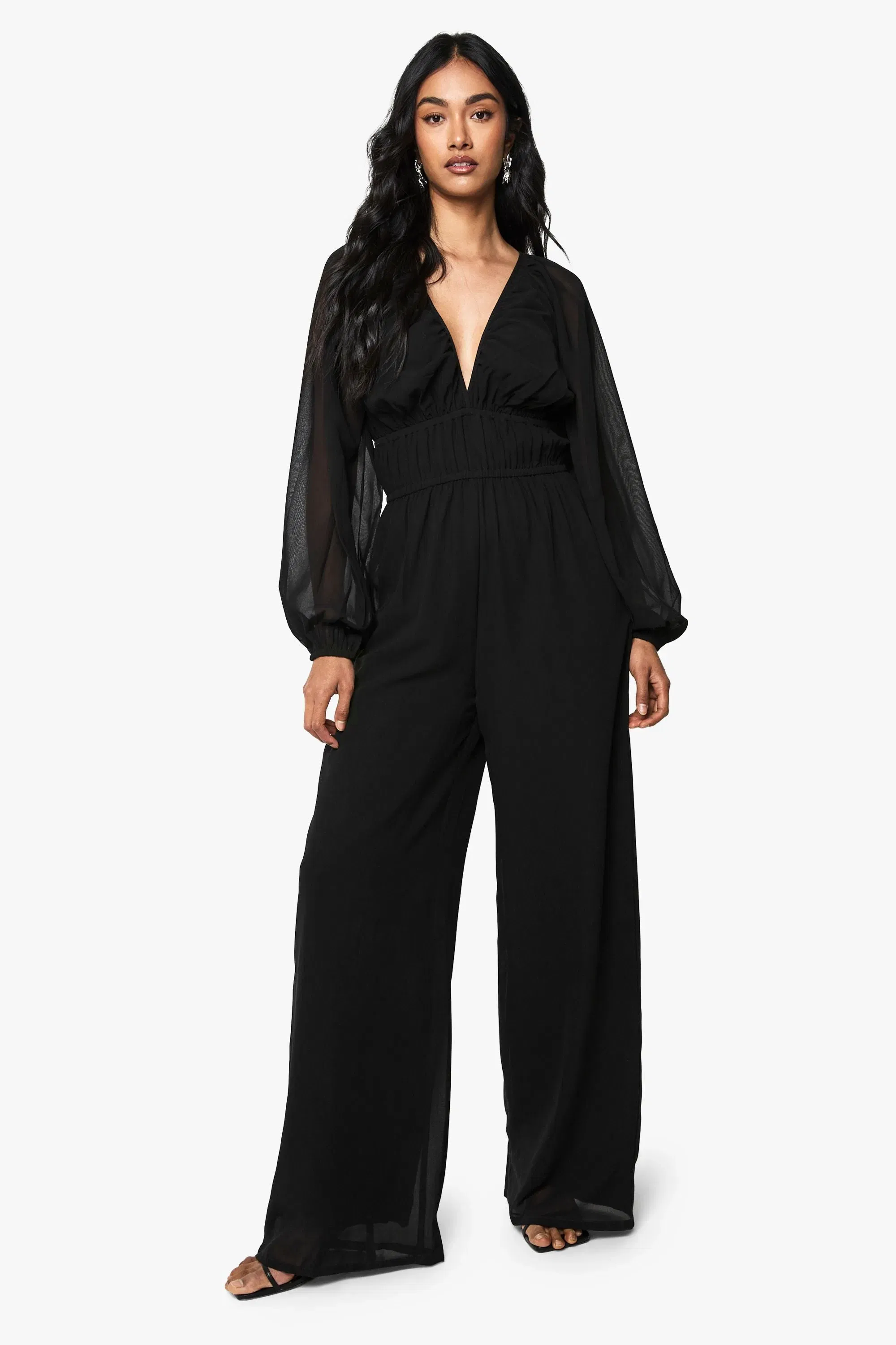 Chiffon V Neck Ruched Wide Leg Jumpsuit