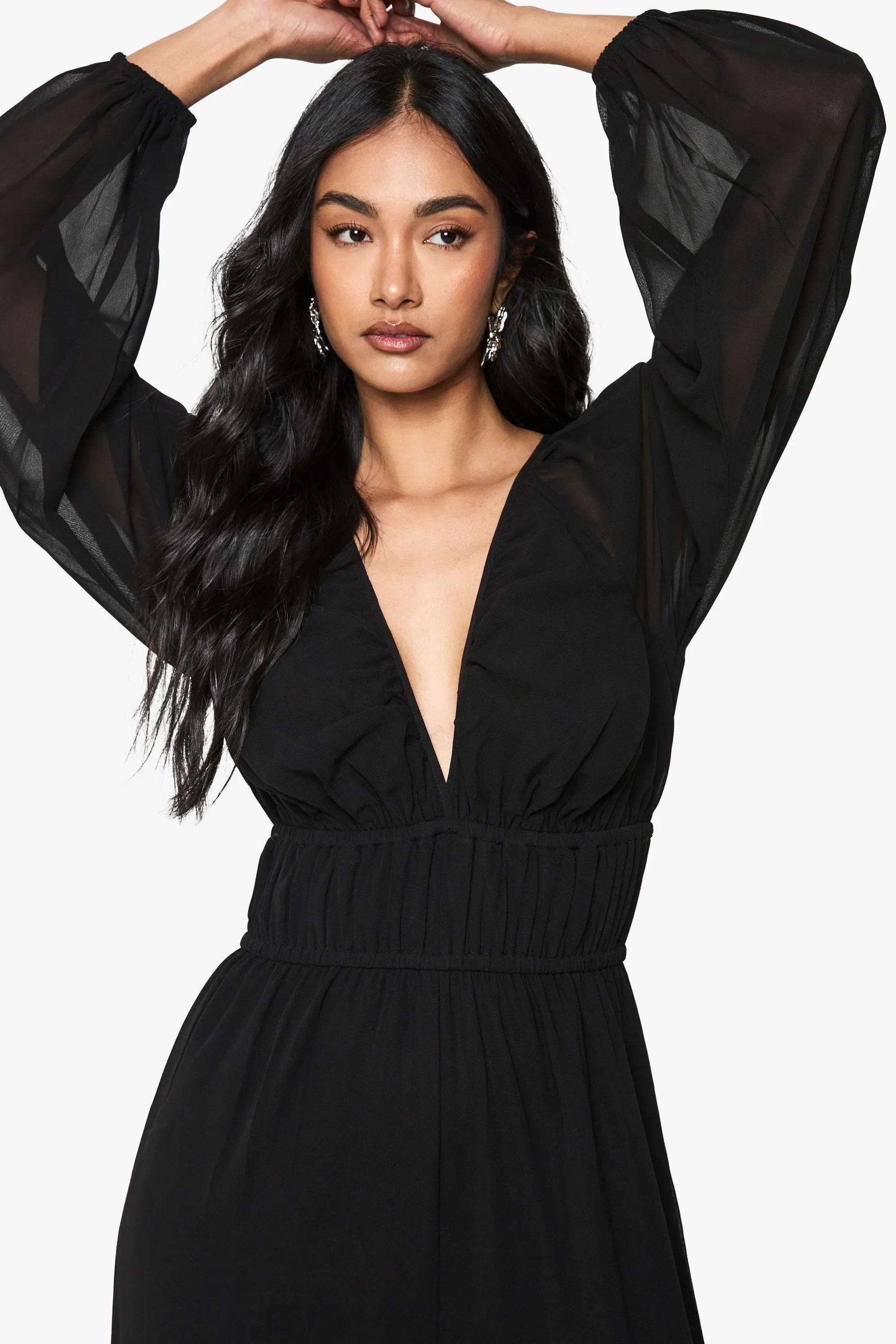 Chiffon V Neck Ruched Wide Leg Jumpsuit