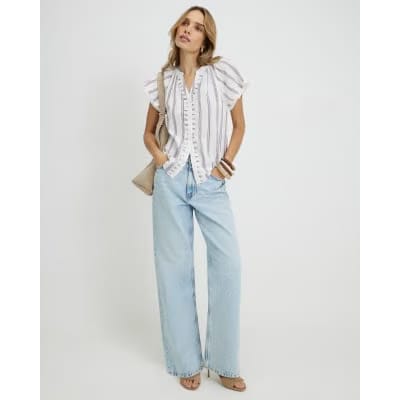 Cream Striped Short Sleeve Frill Top