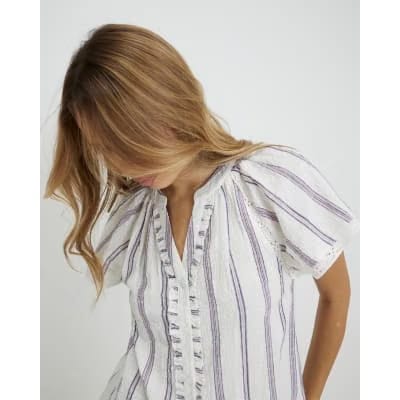 Cream Striped Short Sleeve Frill Top