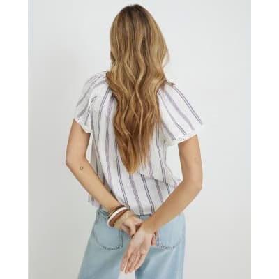 Cream Striped Short Sleeve Frill Top