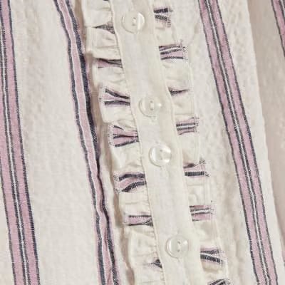 Cream Striped Short Sleeve Frill Top