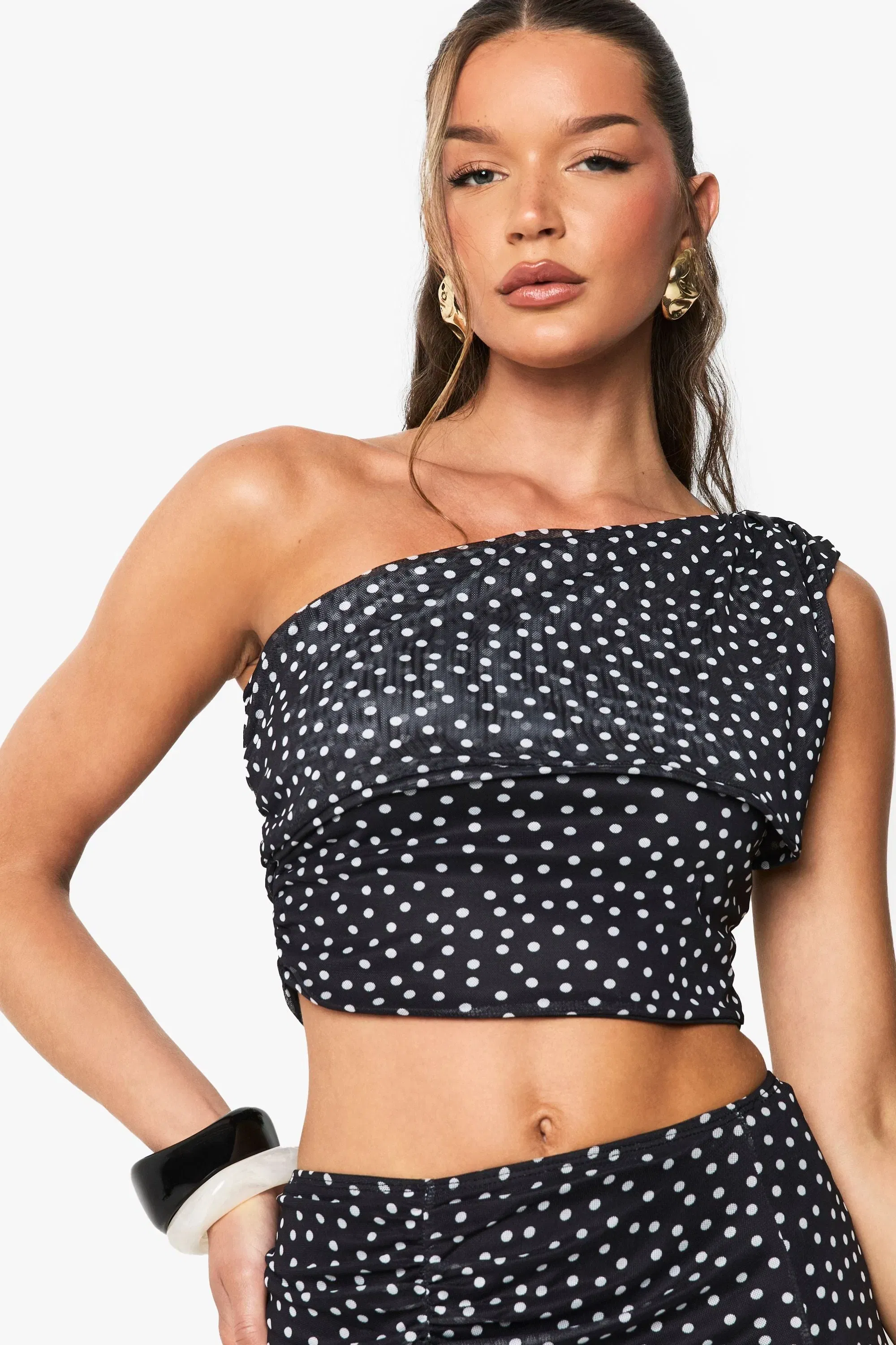 Polka Dot Mesh Off Shoulder Top