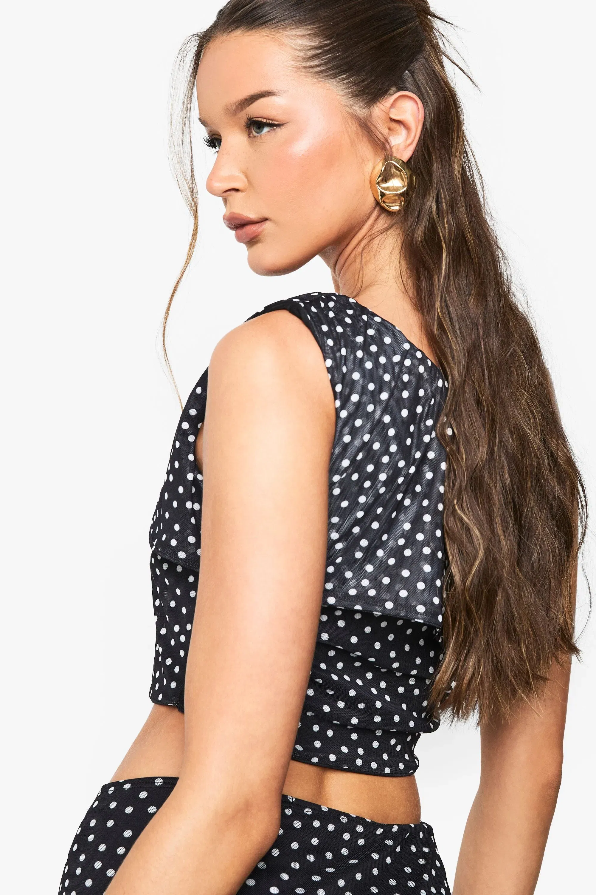 Polka Dot Mesh Off Shoulder Top