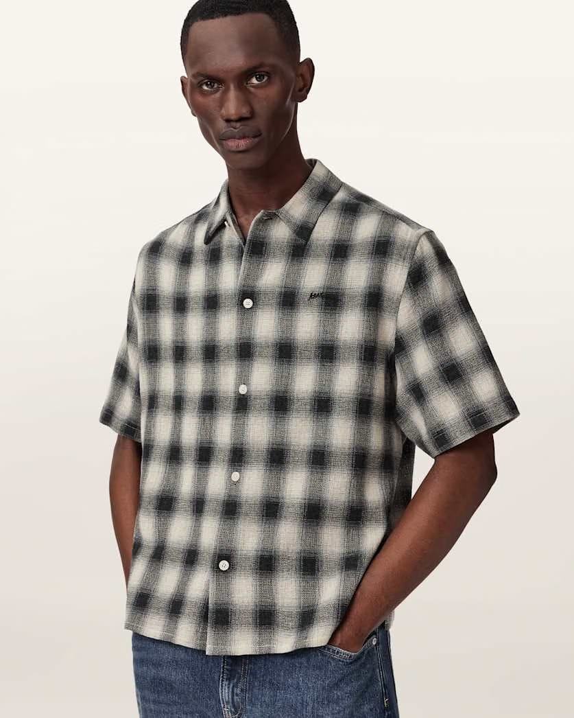 AllSaints Shadow Short Sleeve Boxy Check Shirt Off White