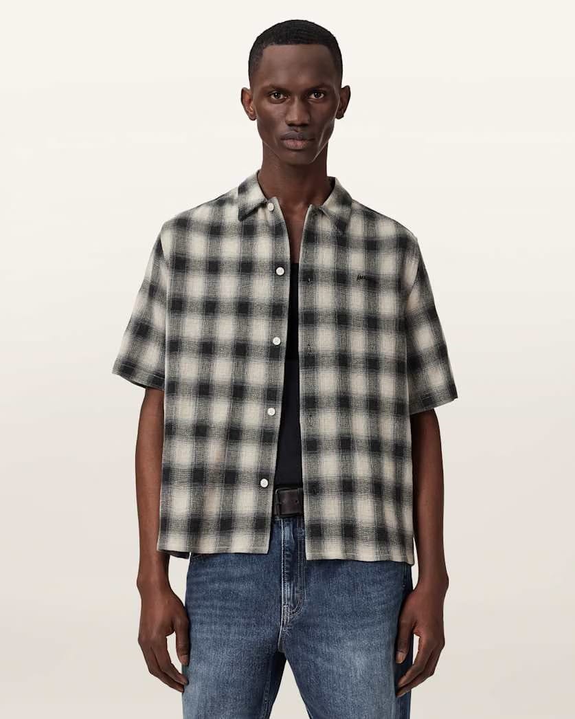 AllSaints Shadow Short Sleeve Boxy Check Shirt Off White