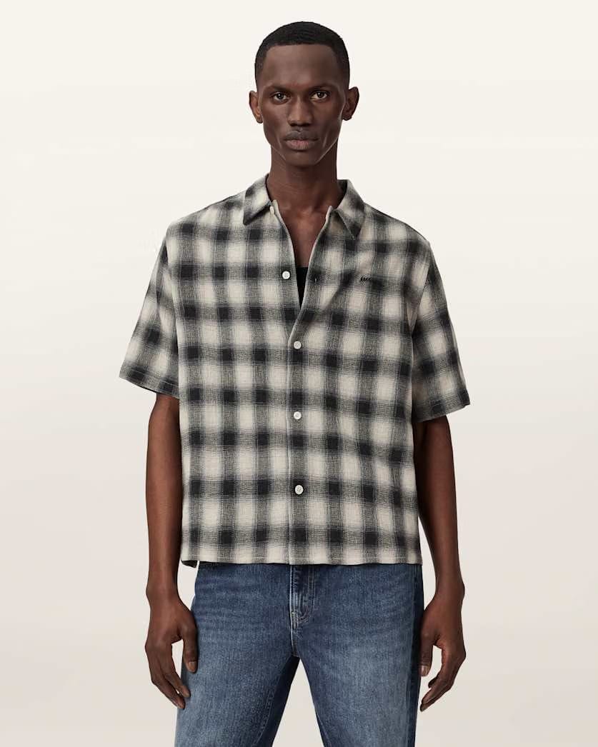 AllSaints Shadow Short Sleeve Boxy Check Shirt Off White