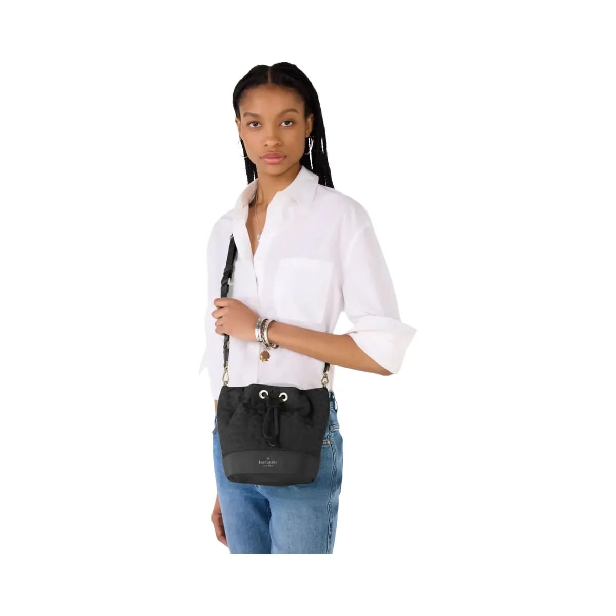 Kate Spade Flower Quilted Fabric Bucket Bag Black