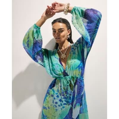 Blue Floral Print Maxi Beach Tunic Dress