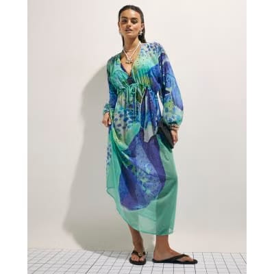 Blue Floral Print Maxi Beach Tunic Dress