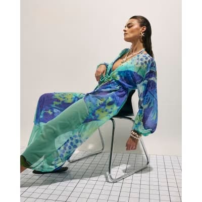 Blue Floral Print Maxi Beach Tunic Dress