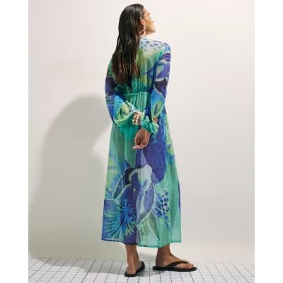 Blue Floral Print Maxi Beach Tunic Dress