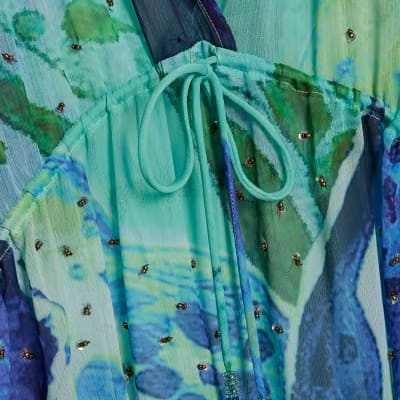 Blue Floral Print Maxi Beach Tunic Dress