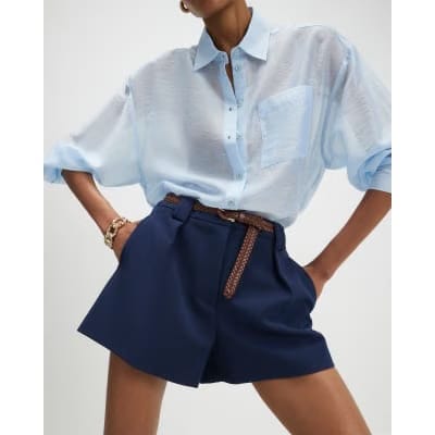Navy Plaited Belt Tailored Shorts