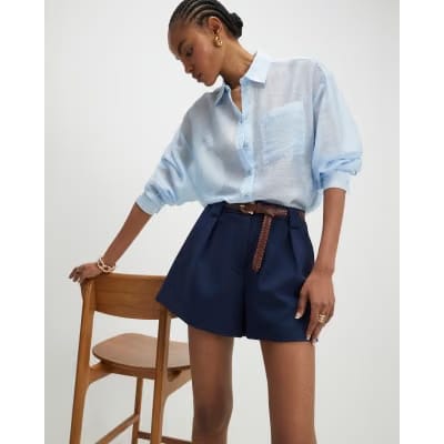 Navy Plaited Belt Tailored Shorts
