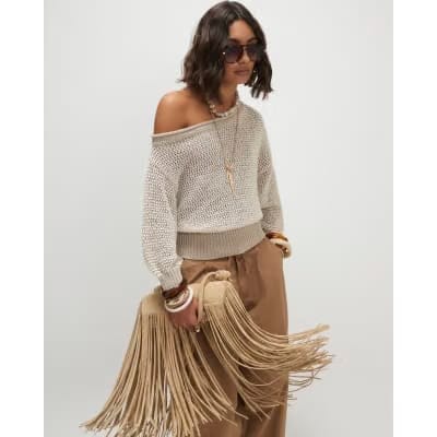 Beige Open Stitch Knitted Off Shoulder Top