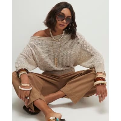 Beige Open Stitch Knitted Off Shoulder Top