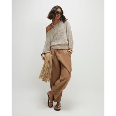 Beige Open Stitch Knitted Off Shoulder Top