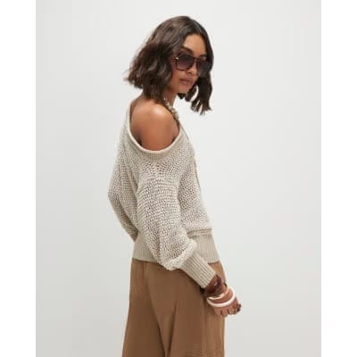 Beige Open Stitch Knitted Off Shoulder Top