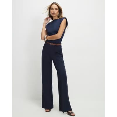 Navy Belted Straight Leg Trousers