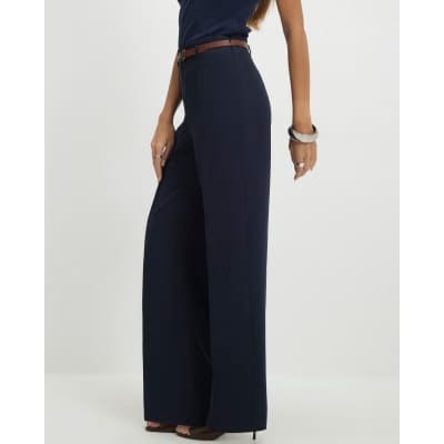 Navy Belted Straight Leg Trousers