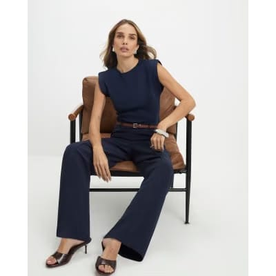 Navy Belted Straight Leg Trousers